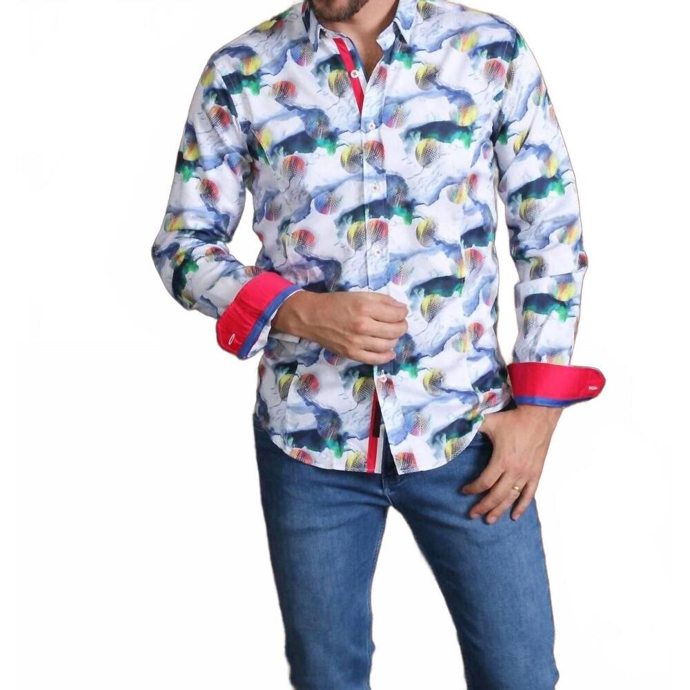 NEW EIGHT X colorful globes button down shirt with red trim in white